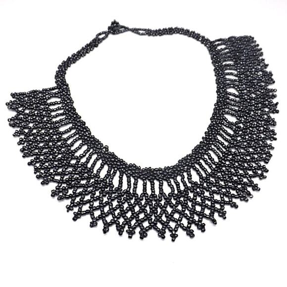 Artisan Beaded Collar Necklace, Metallic Dark Czech Glass Seed Beads, Hand-made - Picture 4 of 8